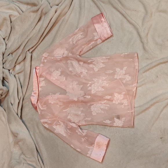 Traditions bed jacket- sheer floral base with satin collar and cuff. - Picture 9 of 12